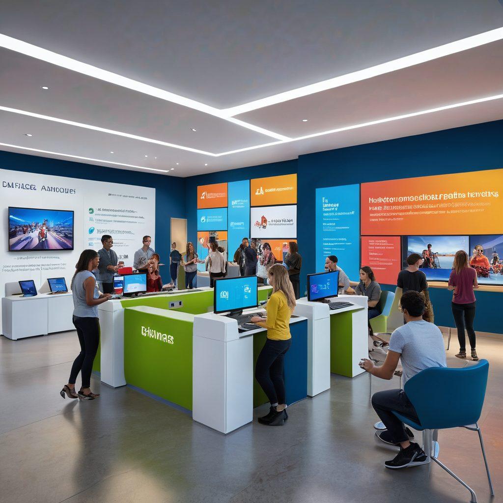 A harmonious blend of diverse people exploring a modern, high-tech orientation environment, showcasing various strategies being implemented: interactive kiosks, virtual reality setups, and collaborative spaces. The scene should convey a sense of unity, innovation, and flow with smooth transitions between each area. Bright and inviting colors should dominate the image to evoke a feeling of enthusiasm and connection. super-realistic. vibrant colors. dynamic composition.