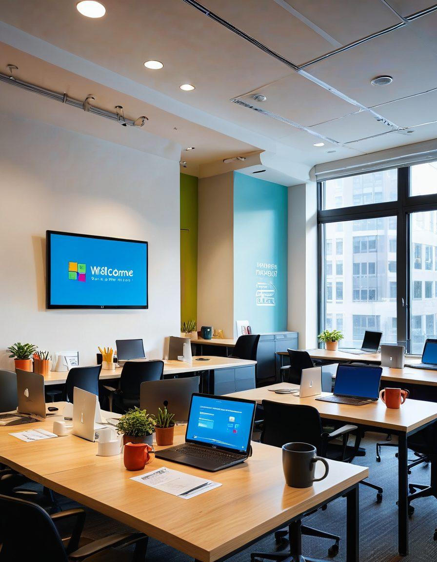 A warm, inviting office setting with diverse employees engaged in a dynamic group orientation. Visual elements like a presentation screen displaying 'Welcome' in bold letters, coffee mugs, and welcome folders on the table. Showcase smiling faces, active discussions, and collaborative activities. Bright, sunny atmosphere with natural light streaming in. super-realistic. vibrant colors. modern office style.