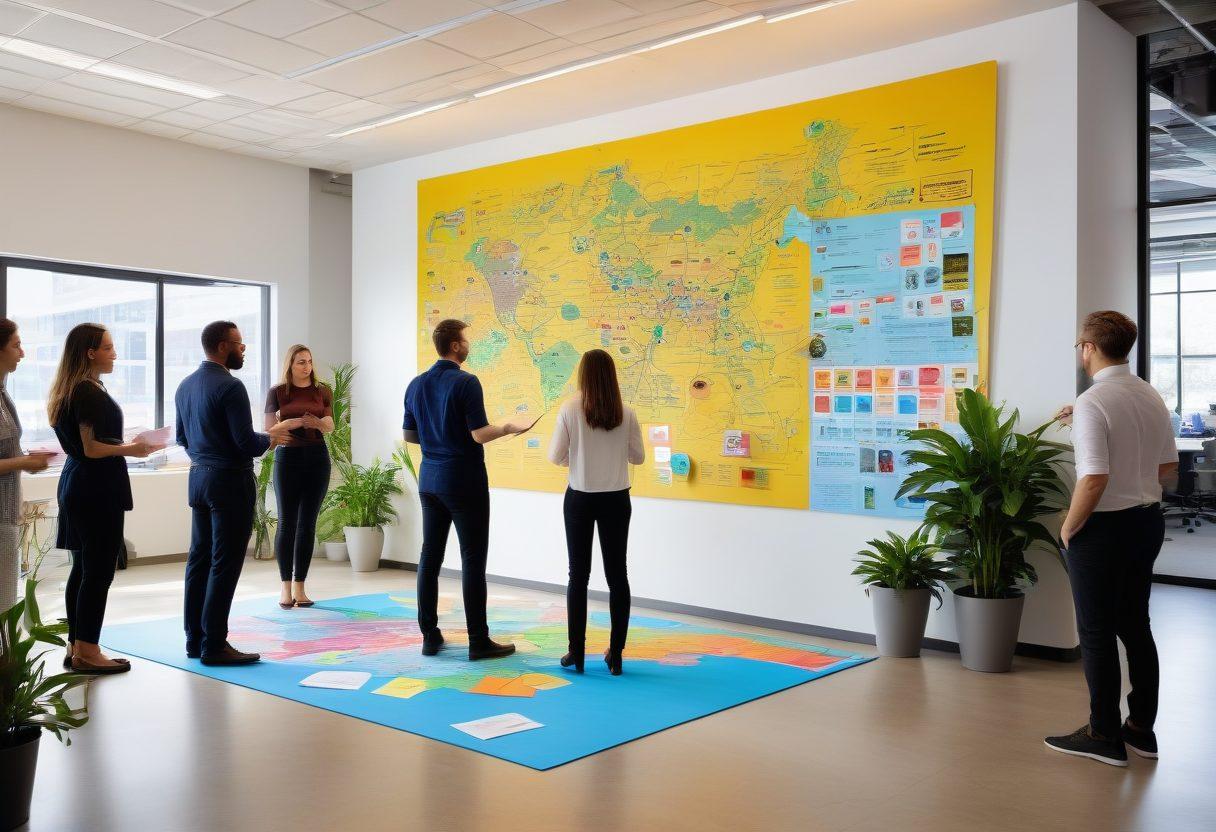 A diverse group of employees gathered around a large, interactive onboarding map, highlighting various pathways and connections within a vibrant office space. Brightly colored sticky notes and digital screens showcase key integration tips and engaging graphics. The atmosphere conveys excitement and teamwork, with plants and motivational posters in the background. super-realistic. vibrant colors. 3D.